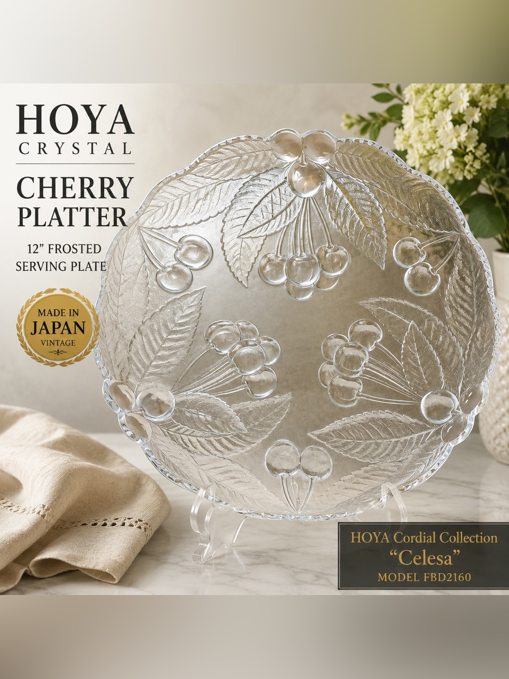 Vintage HOYA Crystal Cherry Platter | 12” Frosted Glass Serving Plate Japan